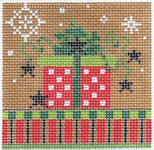 Kelly Clark Christmas needlepoint canvas of a wrapped package with snowflakes sized for a self-finishing box (insert)