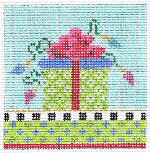 Kelly Clark needlepoint canvas of a wrapped gift package in lime green with a hot pink bow and decorative lights sized for a self-finishing box (insert)