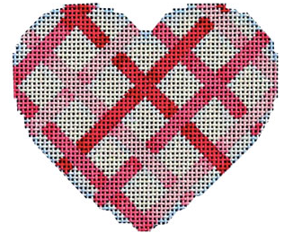 Associated Talents heart shaped preppy needlepoint canvas with woven plaid ribbon pattern