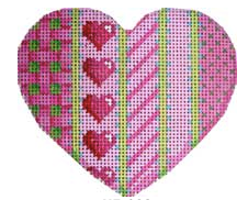 Associated Talents heart needlepoint canvas with vertical pink and green stripes