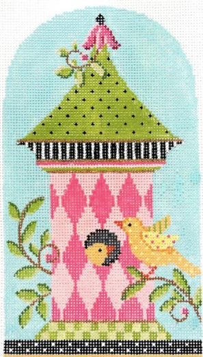 Kelly Clark spring birdhouse needlepoint canvas with pink harlequin diamonds and green roof