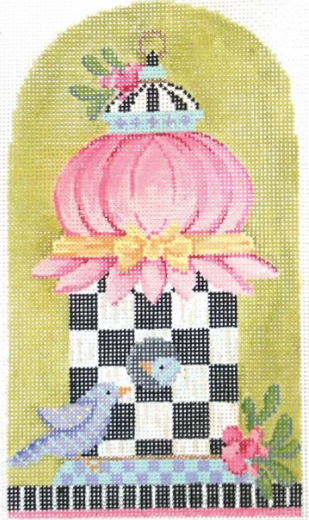 Kelly Clark needlepoint canvas of a spring birdhouse with pink roof and black and white checkers