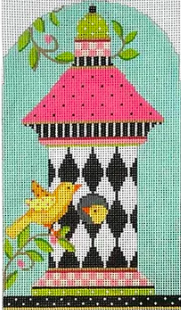 Kelly Clark needlepoint canvas of a spring birdhouse with yellow birds and black and white harlequin diamonds