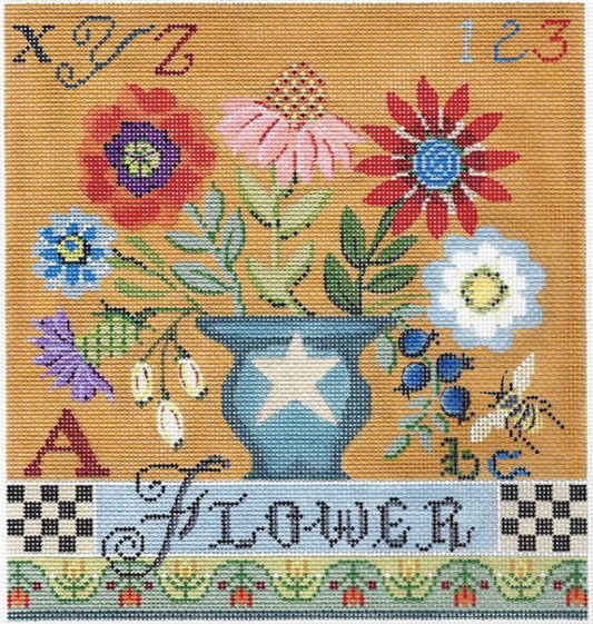 Kelly Clark needlepoint canvas of a floral sampler