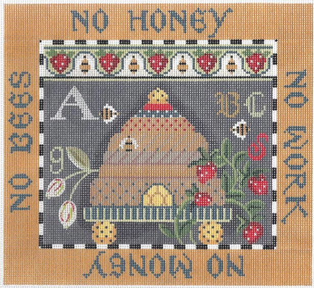 Kelly Clark needlepoint canvas of a sampler with a beehive/bee skep
