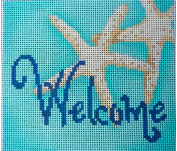 Associated Talents preppy welcome sign needlepoint canvas blue with starfish
