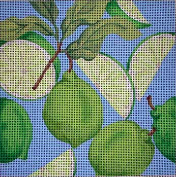 Associated Talents bright summer needlepoint canvas of limes and lime slices with a branch on a blue background
