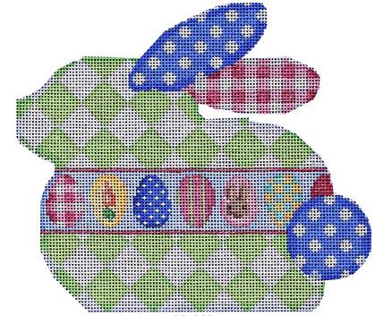 Associated Talents bunny rabbit shaped needlepoint canvas with harlequin body and Easter eggs