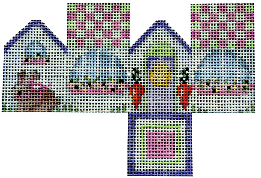 Associated Talents preppy Easter needlepoint canvas of a three dimensional 3D house with a bunny rabbit and carrots