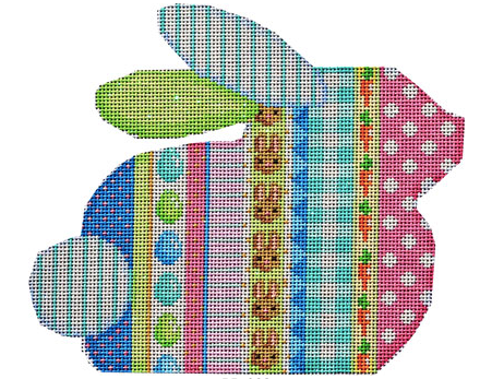 Associated Talents preppy easter needlepoint canvas of a bunny rabbit with vertical stripes of polka dots, eggs, and carrots