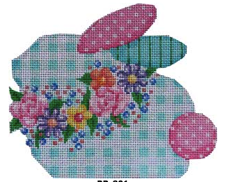 Associated Talents bunny rabbit shaped needlepoint canvas with plaid body and floral collar