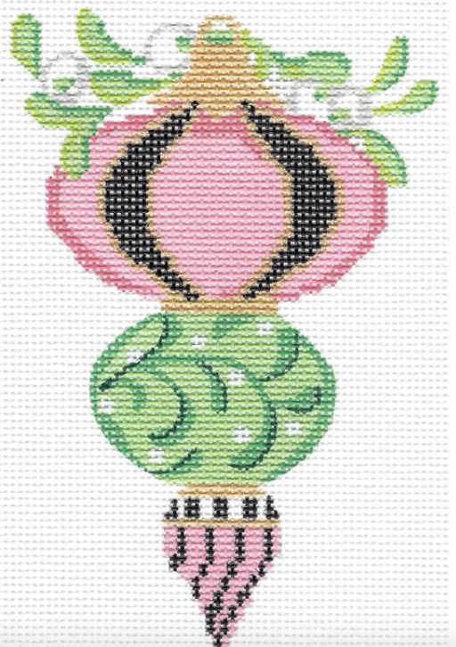 Kelly Clark Christmas needlepoint canvas of a Victorian traditional ornament in pink and green with mistletoe