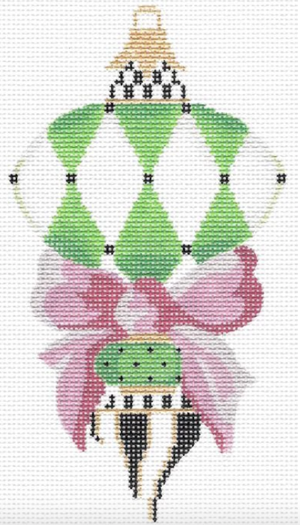 Kelly Clark Christmas needlepoint canvas of a Victorian ornament with green harlequin diamonds and pink bow