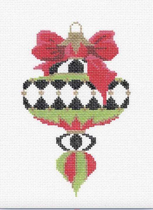 Kelly Clark Christmas needlepoint canvas of a Victorian ornament with black and white harlequin and red bow