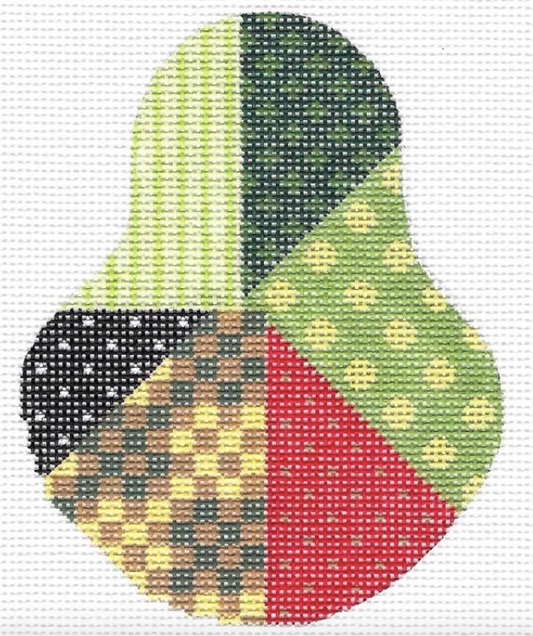 Kelly Clark pear shaped needlepoint canvas with patchwork patterns