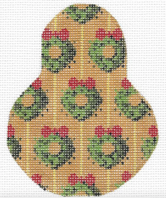 Kelly Clark pear shaped needlepoint canvas with Christmas wreaths