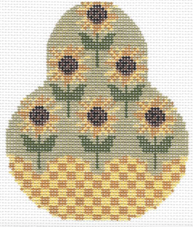 Kelly Clark pear shaped needlepoint canvas with sunflowers and checkered base