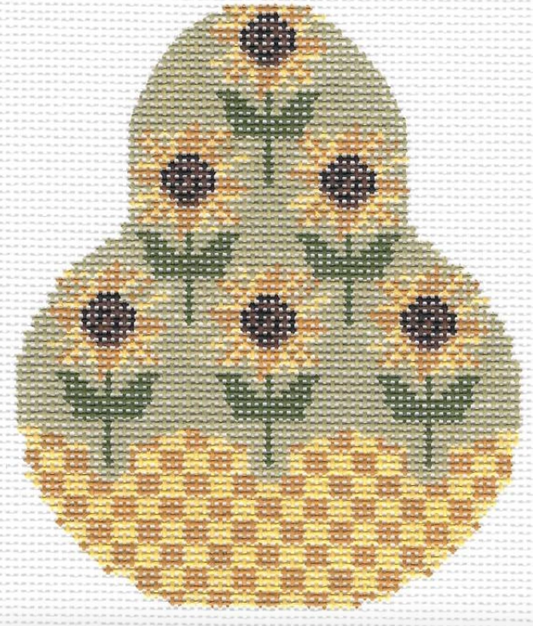 Kelly Clark pear shaped needlepoint canvas with sunflowers and checkered base
