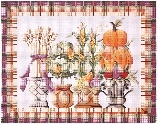Kelly Clark needlepoint canvas of autumn fall topiaries with corn and pumpkins