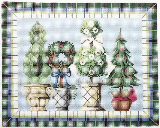 Kelly Clark needlepoint canvas of winter topiaries with a pine tree and a wreath