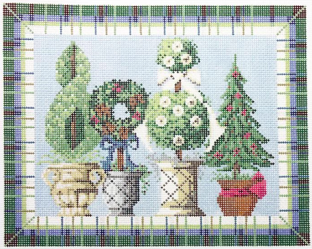 Kelly Clark needlepoint canvas of winter topiaries with a pine tree and a wreath