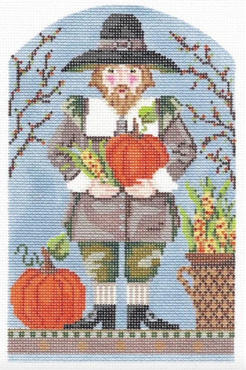 Kelly Clark Thanksgiving needlepoint canvas of a male pilgrim holding corn and a pumpkin