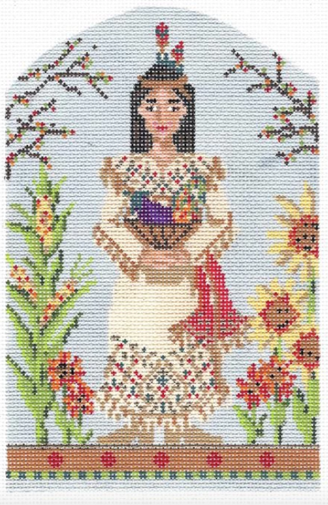 Kelly Clark thanksgiving needlepoint canvas of a Native American holding a basket with corn and sunflowers