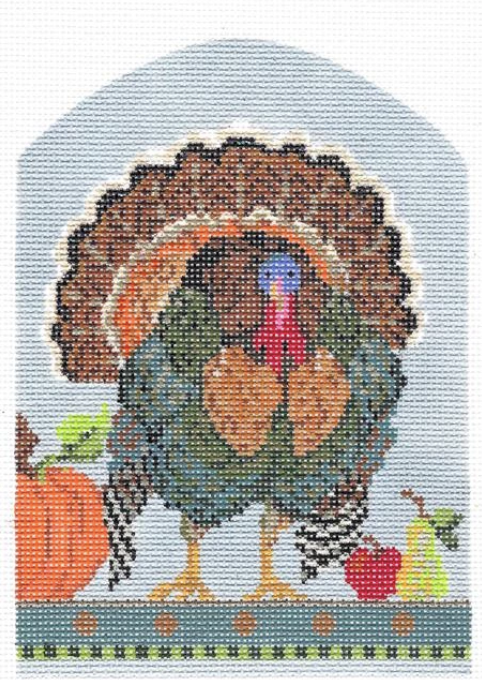 Kelly Clark Thanksgiving needlepoint canvas of a turkey with a pumpkin