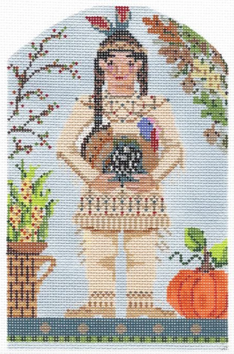 Kelly Clark Thanksgiving needlepoint canvas of a Native American Indian holding a turkey with a pumpkin and some corn