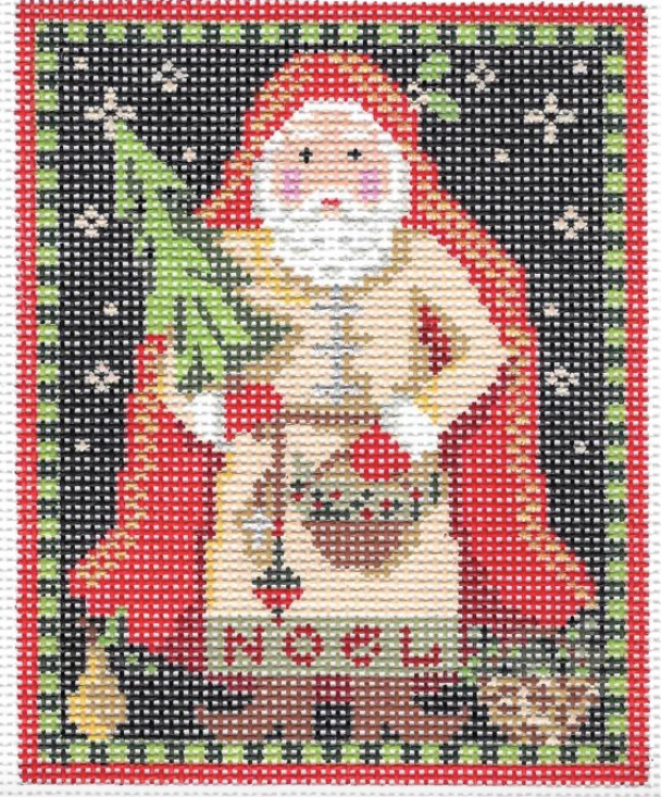Kelly Clark Nordic Scandinavian Santa needlepoint canvas holding a basket and a Christmas tree wearing a red cape and the bottom of his outfit says Noel