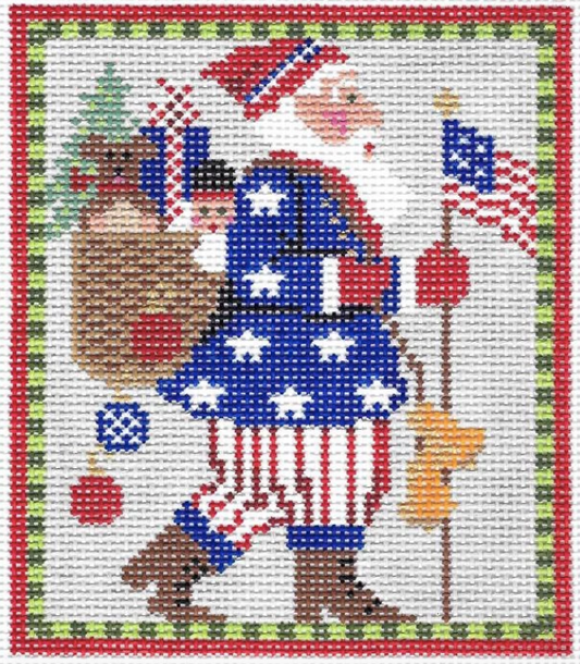 Kelly Clark needlepoint canvas of a patriotic Santa wearing stars and stripes holding an American flag