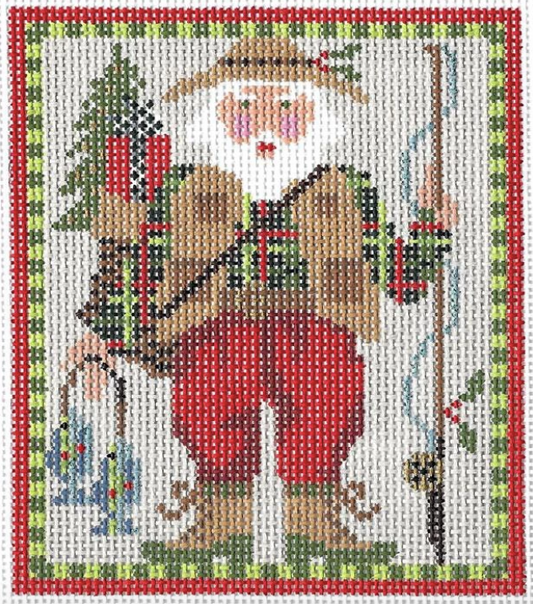 Kelly Clark needlepoint canvas of a Santa in fishing gear holding a fishing pole and his catch