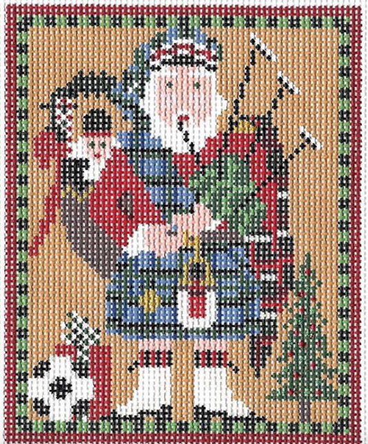 Kelly Clark needlepoint canvas of a Scottish Santa wearing a kilt playing bagpipes