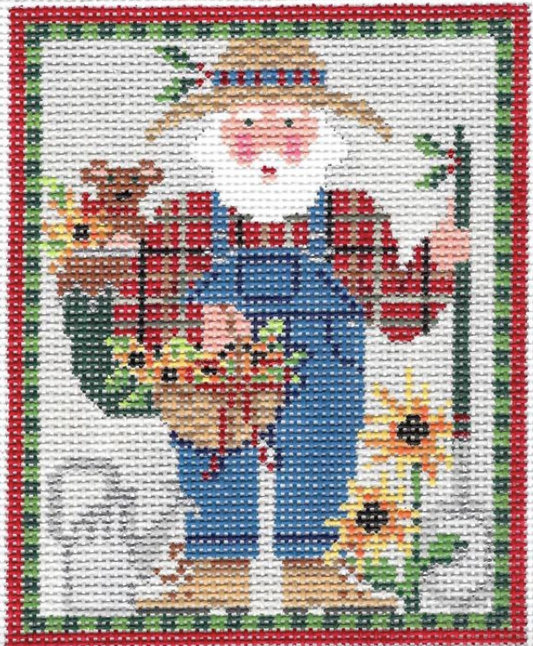 Kelly Clark needlepoint canvas of a Santa in his garden with sunflowers