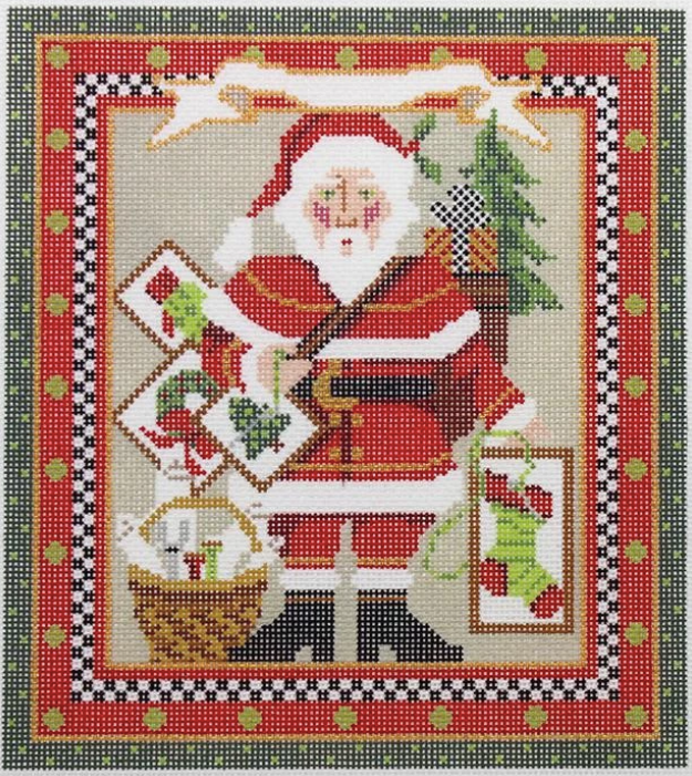 Kelly Clark needlepoint canvas of a Santa with stitching projects