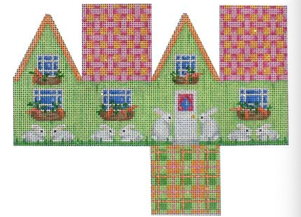 Associated Talents preppy Easter needlepoint canvas of a three dimensional 3D house with bunny rabbits
