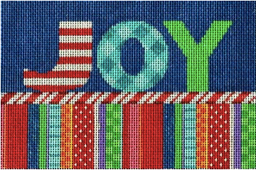 Associated Talents bright and vibrant Christmas canvas of the word "joy" and a striped edge and candy cane stripe trim