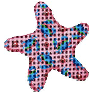 Associated Talents preppy starfish shaped pink needlepoint canvas with blue crabs