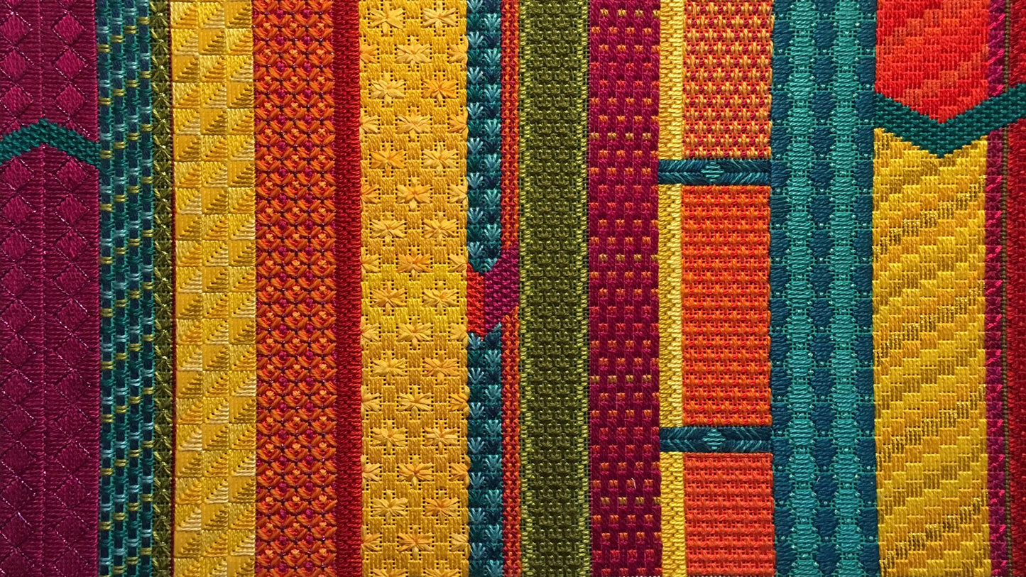 Stitched example of summer thunder vertical stripes canvas in bright colors