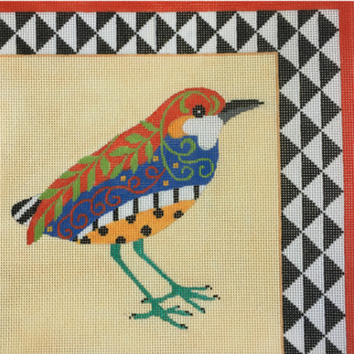 Amanda Lawford needlepoint canvas of a graphic bird with bold geometric border