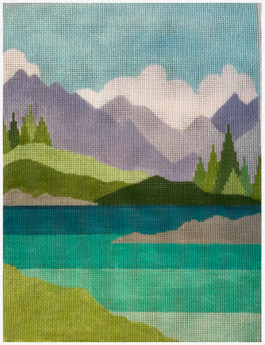 Amanda Lawford needlepoint canvas of a mountain lake scene in a simplified and streamlined style