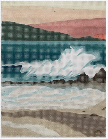 Amanda Lawford needlepoint canvas of a beach scene with waves crashing in a simplified and streamlined style