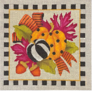 Amanda Lawford bright and mod needlepoint canvas of pumpkins and fall foliage and acorns with a ribbon and a bold black and white border