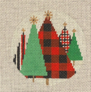 Amanda Lawford round Christmas ornament needlepoint canvas of geometric Christmas trees with plaid