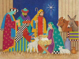 Amanda Lawford nativity with bright colors and patterns needlepoint canvas