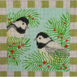 Vallerie Needlepoint Gallery canvas of two chickadees with evergreen branches and berries