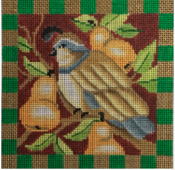 Vallerie Needlepoint Gallery needlepoint canvas of a partridge bird in a pear tree with a gold and green border from the song Twelve Days of Christmas