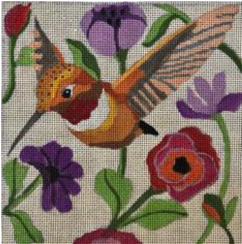 Melissa Prince bright needlepoint canvas of an orange hummingbird with spring flowers
