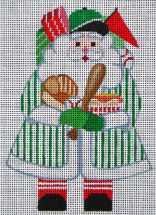DC Designs Christmas needlepoint canvas of Santa ready to play baseball with a mitt, a bat, a ball, and a hot dog wearing a green pinstripe coat