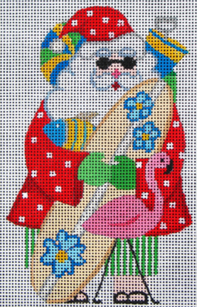 DC Designs Christmas Needlepoint canvas of Santa ready to go to a tropical beach with a surf board and a flamingo